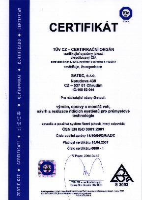 Certifikace ISO9001:2001 Certifikace ISO9001:2001